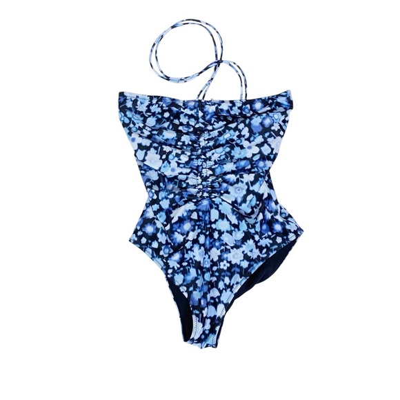 Ganni Ruched Floral-Print Halterneck Swimsuit In Blue - Picture 2 of 6